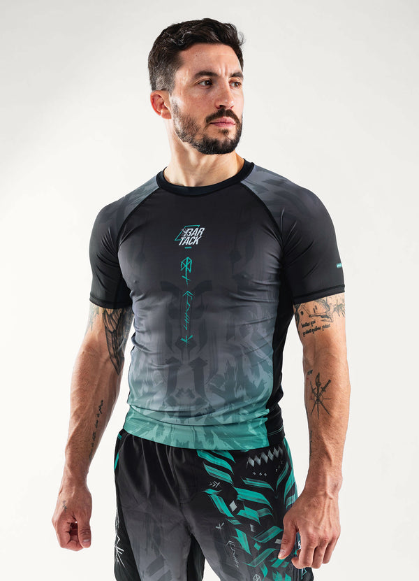 Rashguard Manches Courtes "ODIN" - Gris/Cyan